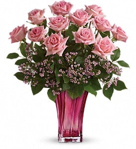 Teleflora's Glorious You Bouquet - This beautiful bouquet spotlights pink roses with pink waxflower and lemon leaf. Delivered in a Bold Elegance vase. Approximately 19 1/2 W x 22 H