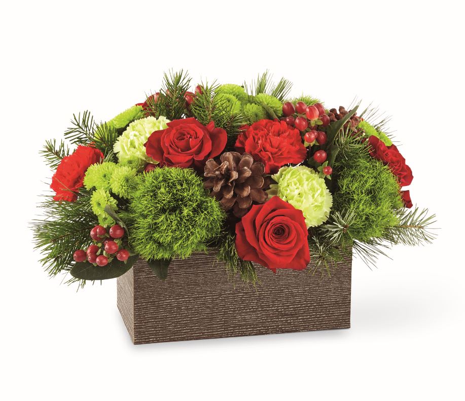  THE FTD® CHRISTMAS CABIN™ BOUQUET  - Luscious blooms are set in a weathered, wooden rectangular box, making it a gorgeous gift for someone who loves gardening or natural décor
