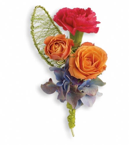 Boutonniere with orange and pink roses and blue hydrangea
