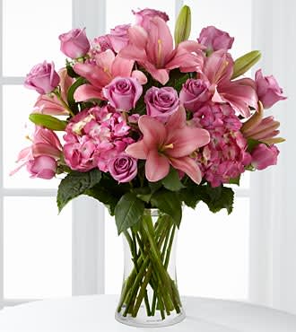 Magnificent Luxury Rose Bouquet - Includes 12 stems of 24-inch premium long-stemmed lavender roses, 4 stems pink LA Hybrid Lilies, 3 stems of fuchsia hydrangea and a superior 8-inch clear glass vase.
