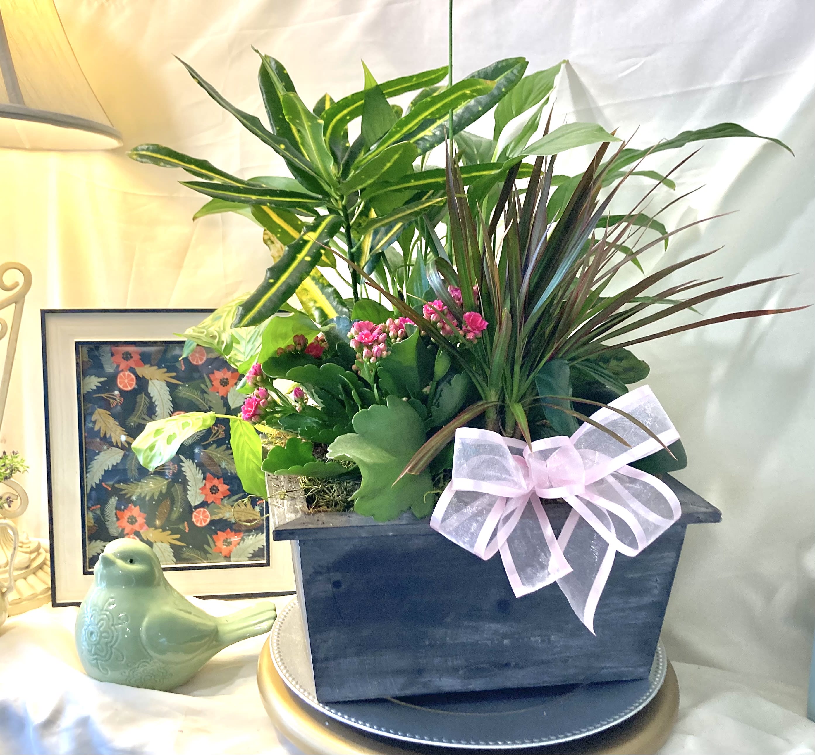 Mixed Plant Basket - Send a little garden to somebody. A mix of flowering plants and greenery make an excellent gift for father's day or as a way to say thank you.