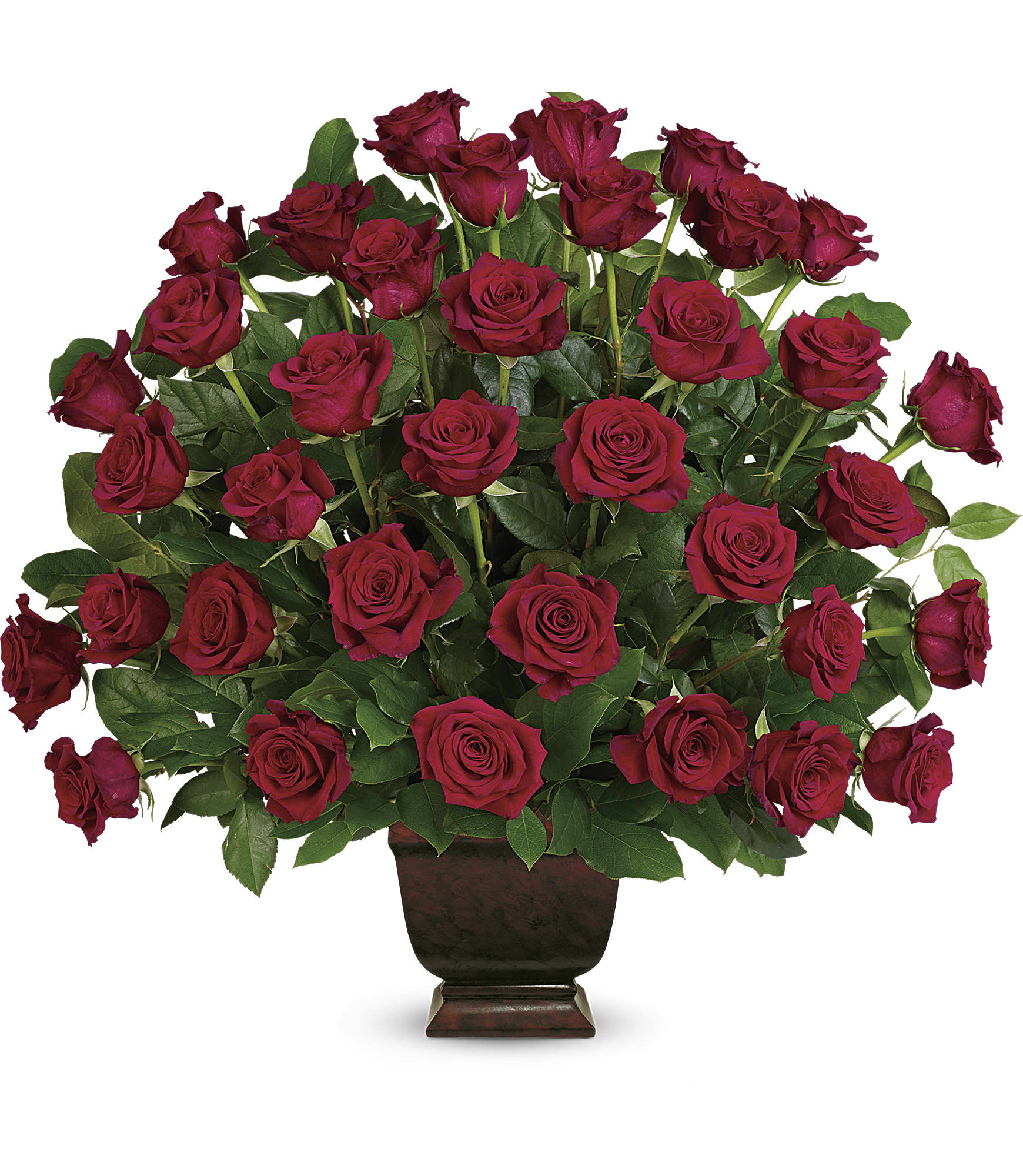 Large bouquet of red roses in a dark vase