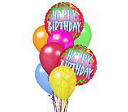 Cluster of colorful birthday balloons with two "Happy Birthday" balloons