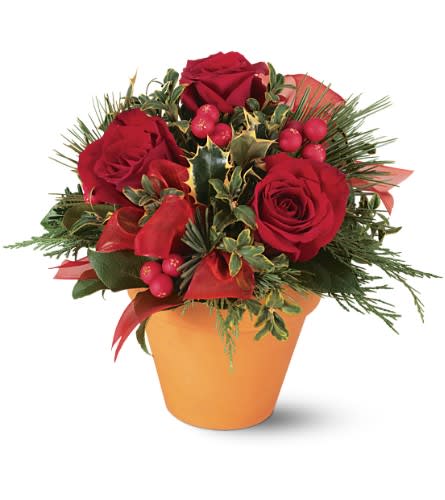Red roses arranged in an orange pot with berries and evergreen accents