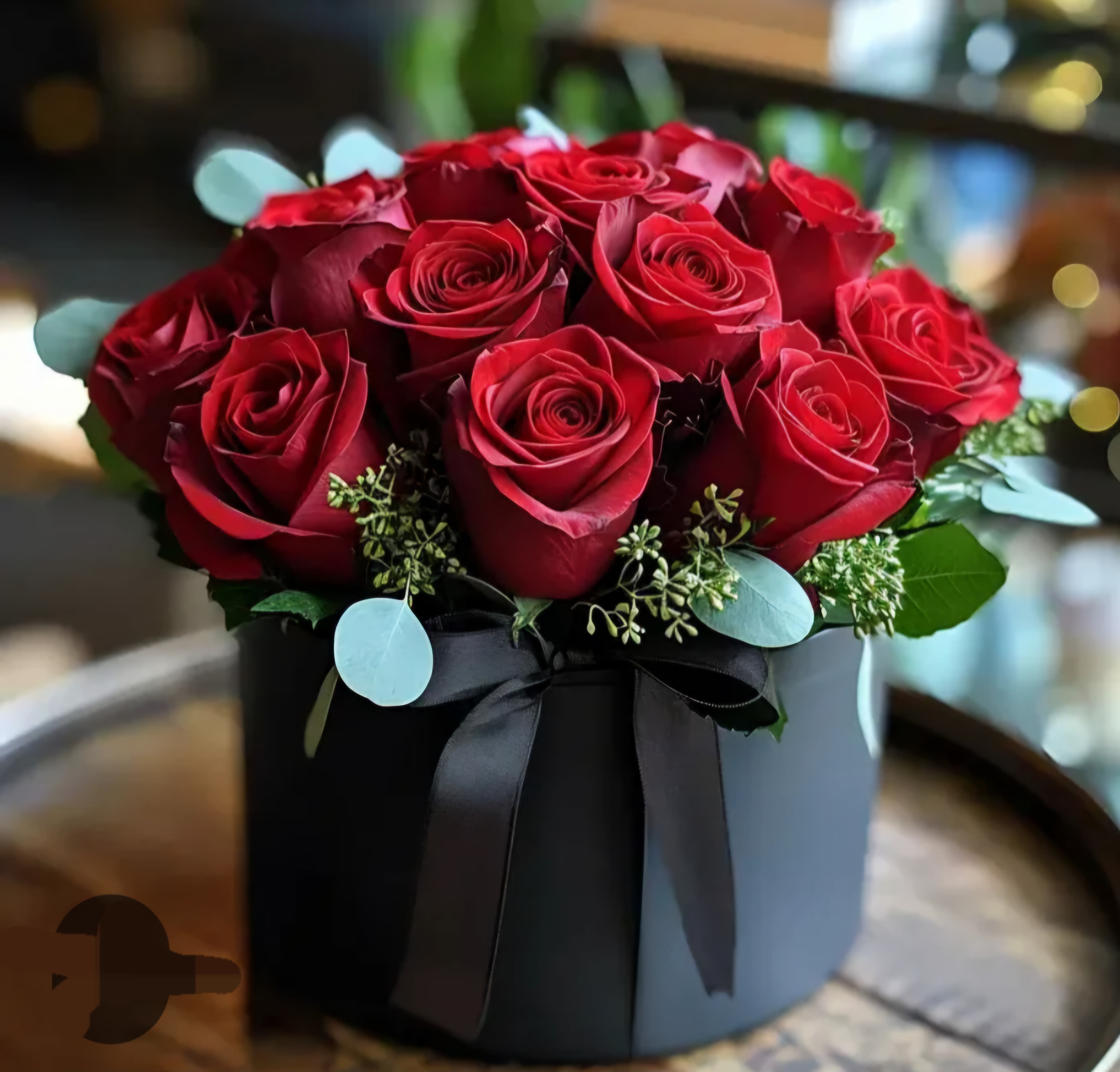 Red roses arranged in a black round box with a ribbon