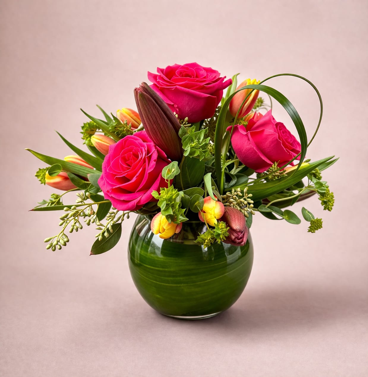 Modern Magenta - This arrangement is bold and contemporary, centered around vivid hot pink roses that immediately draw the eye with their rich, saturated color. They are complemented by warm orange tulips and a single dramatic lily bud, adding height and sculptural contrast. Curving blades of glossy green foliage loop gracefully through the design, giving it a modern, almost architectural feel. Textural accents and small green sprigs soften the structure, all gathered into a rounded, polished green glass vase that echoes the lush tones of the foliage.