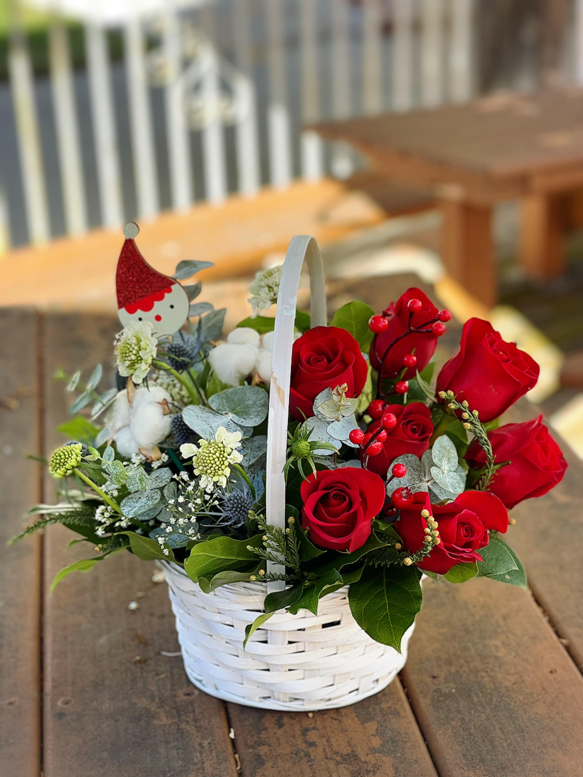 Christmas Basket  - - 6 Red Roses - Greens - Basket 