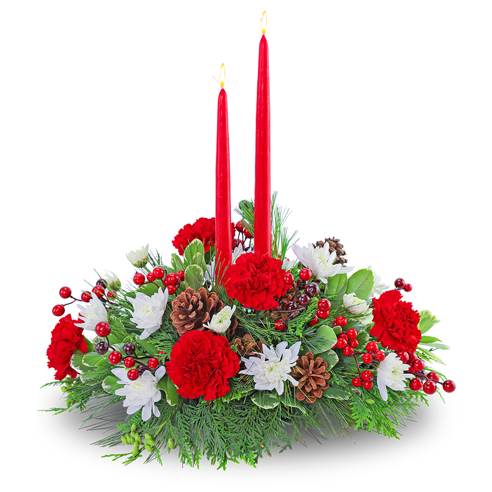 Holiday centerpiece with red candles, red carnations, and white daisies