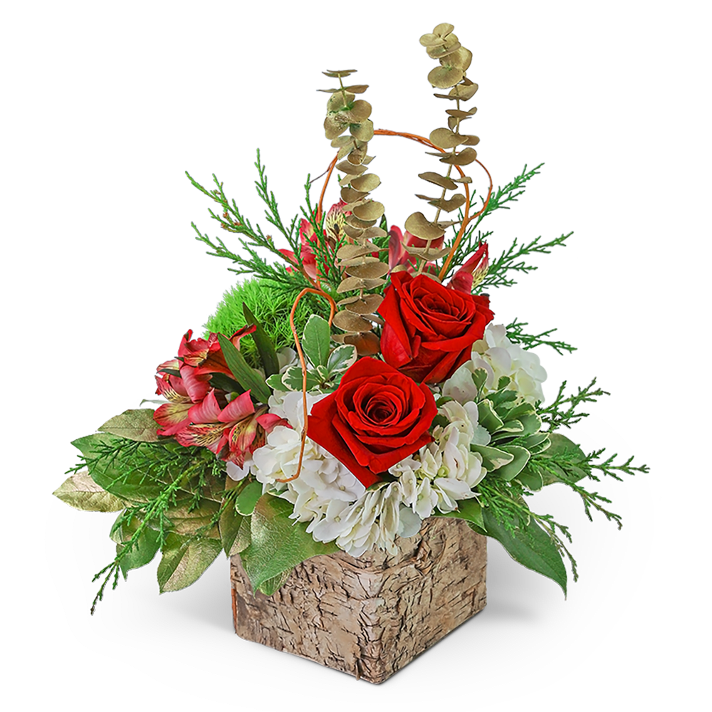 Red roses and white flowers in a bark-textured square container