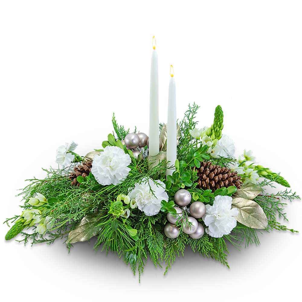Candle centerpiece with white flowers and greenery