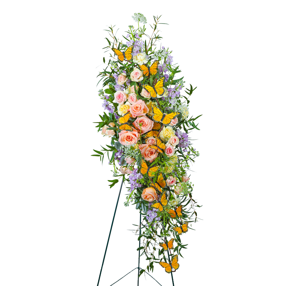 Tall floral standing spray with pink roses and orange butterflies