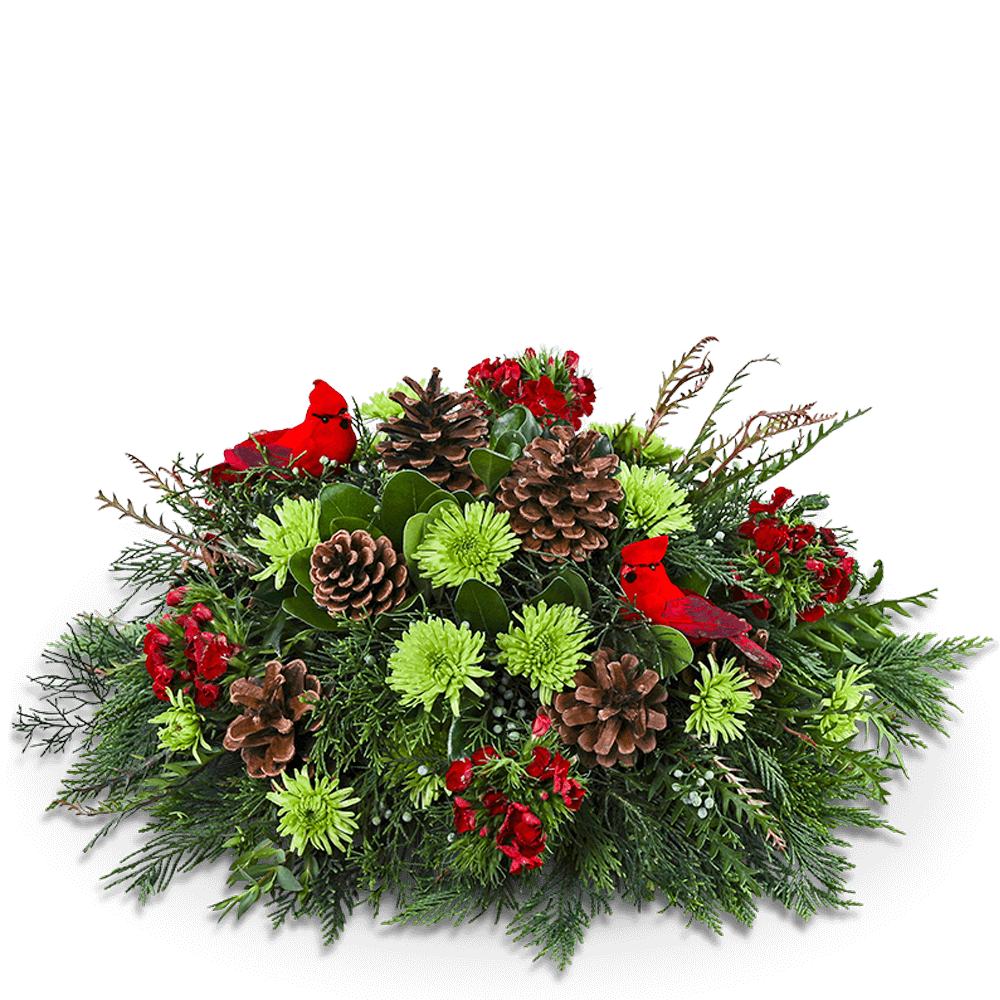 Holiday arrangement with red flowers, pinecones, and green foliage
