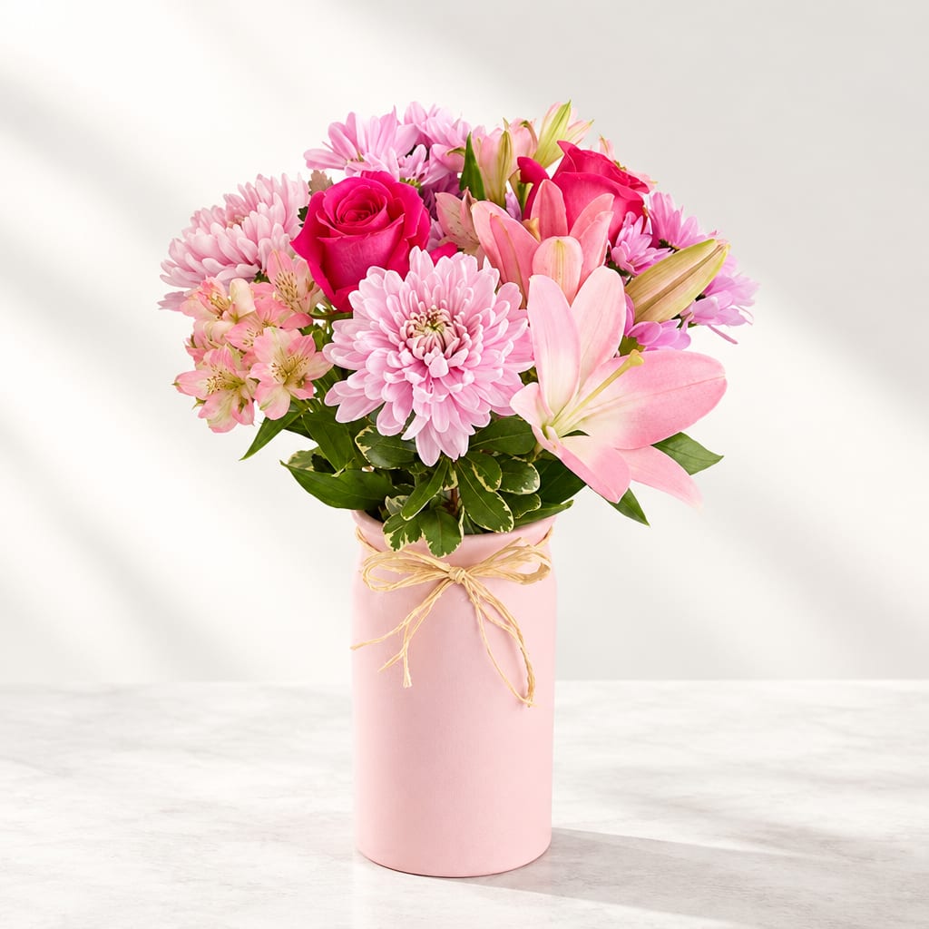 Pink bouquet with roses, lilies, and daisies in a pink vase