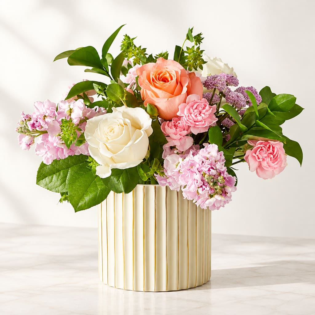 Pink and white roses with lilac flowers in a ribbed cream vase