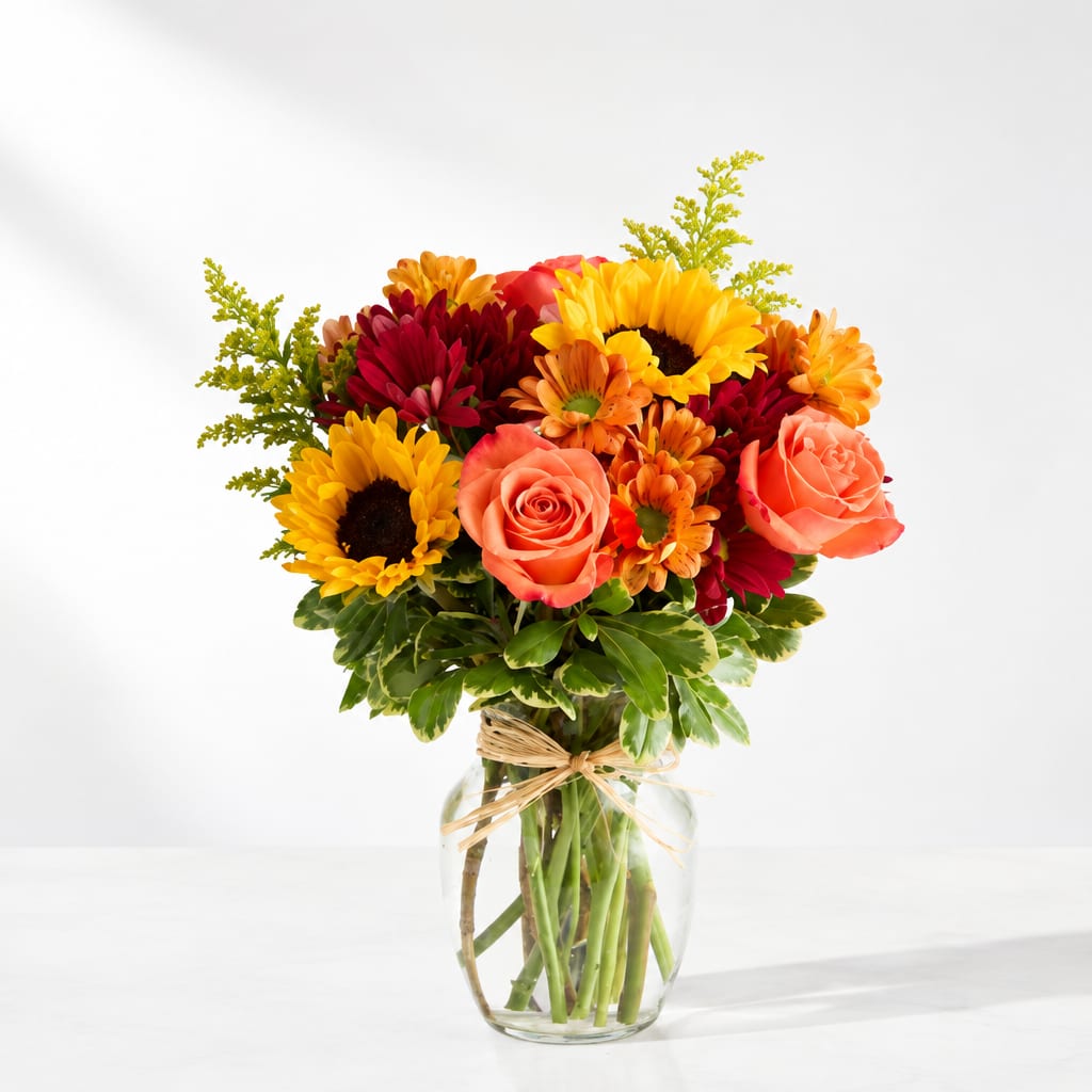 Bouquet of sunflowers, roses, and daisies in a glass vase
