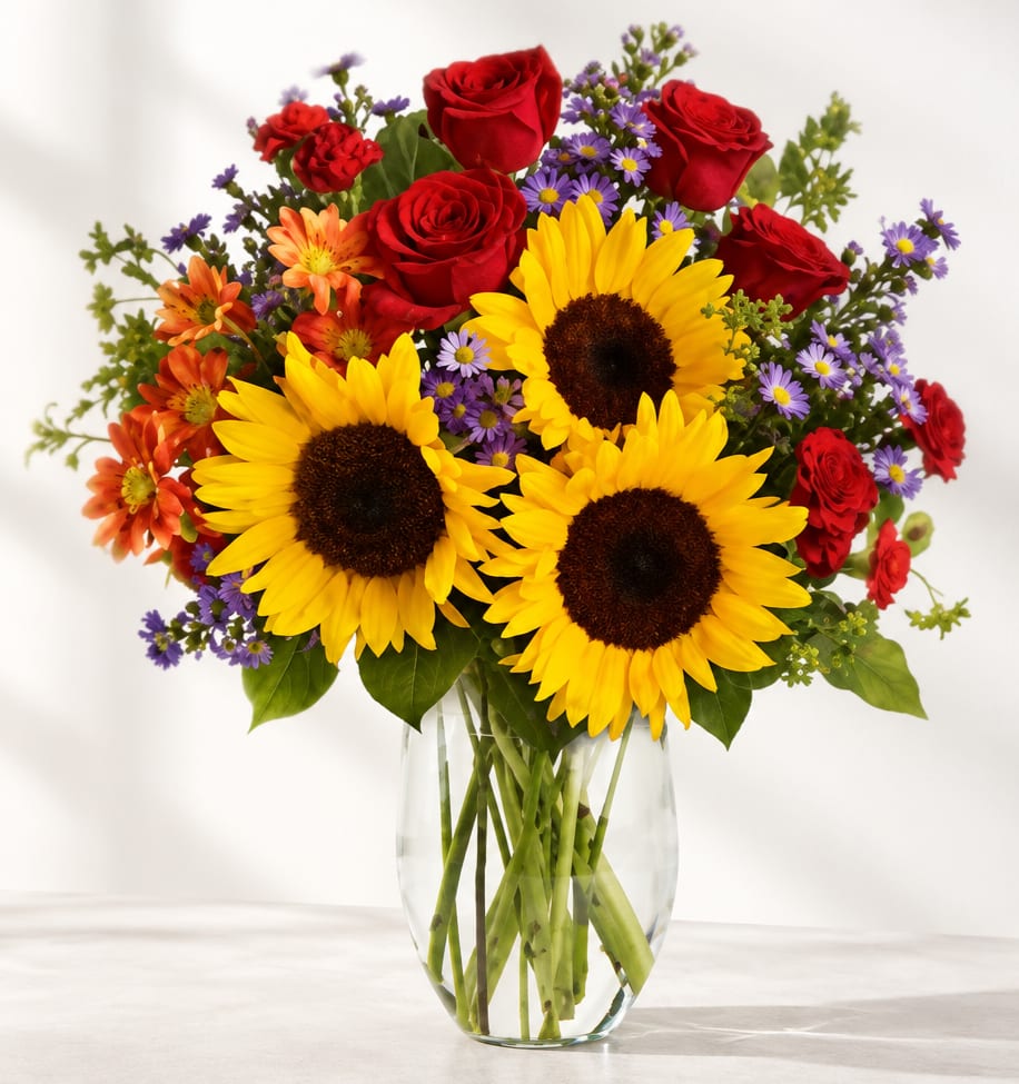 Bouquet of sunflowers, red roses, and purple daisies in a clear glass vase