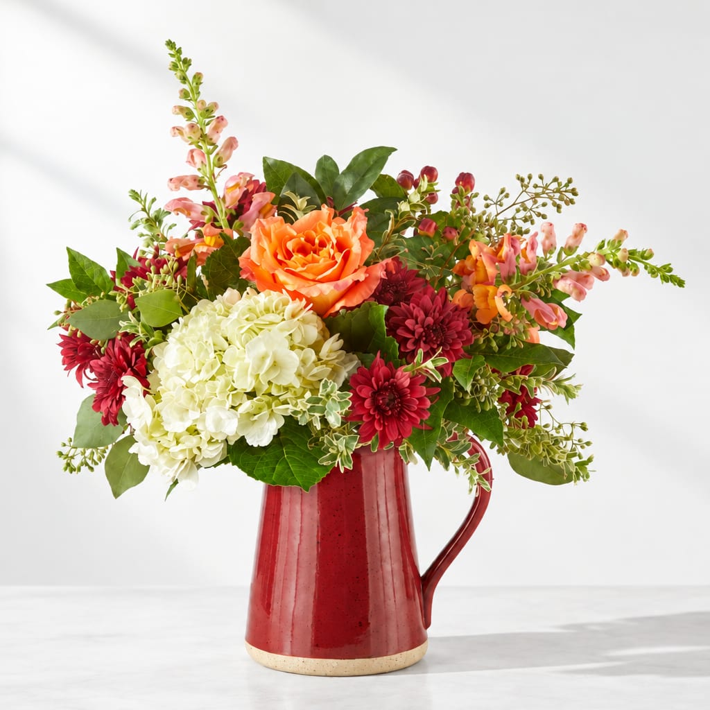 Mixed bouquet in a red ceramic pitcher with orange, white, and red blooms