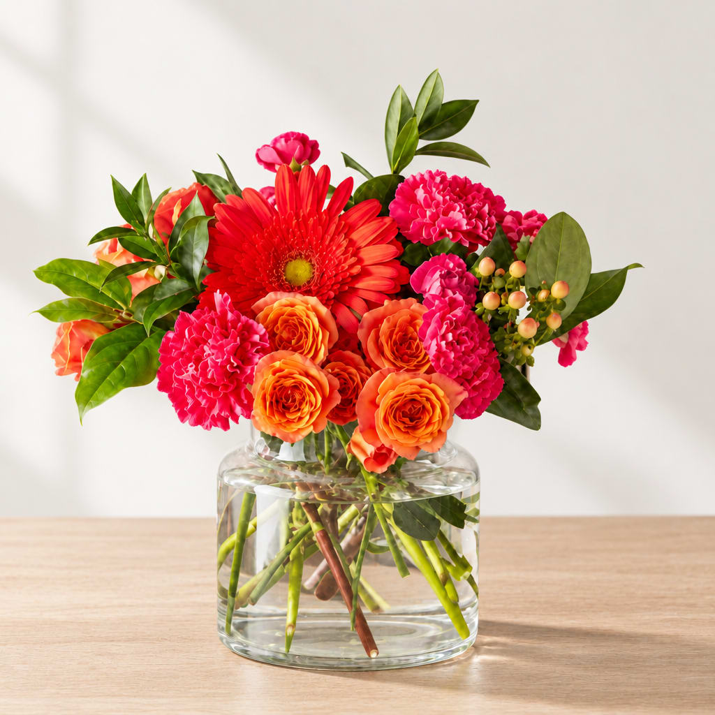 Bright pink and orange bouquet in a clear glass vase