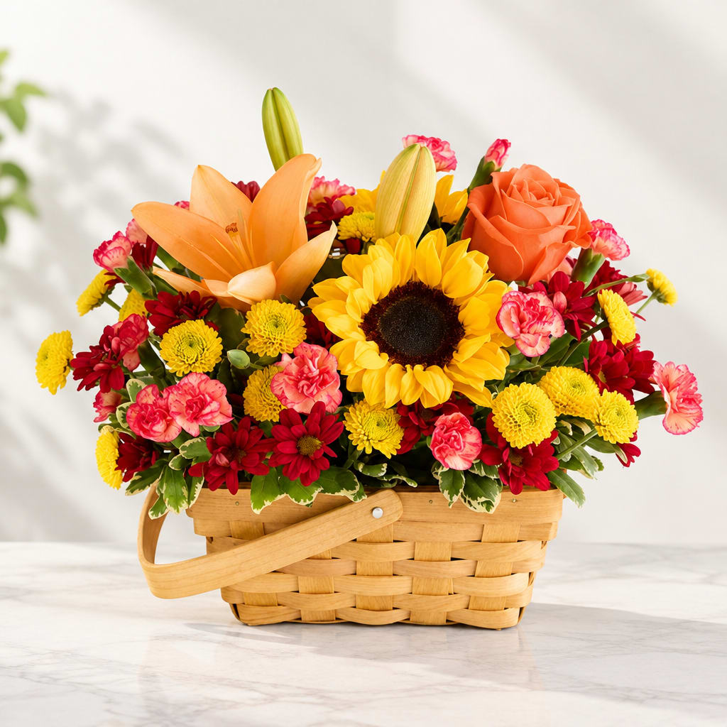 Basket arrangement with sunflowers, lilies, roses, and carnations