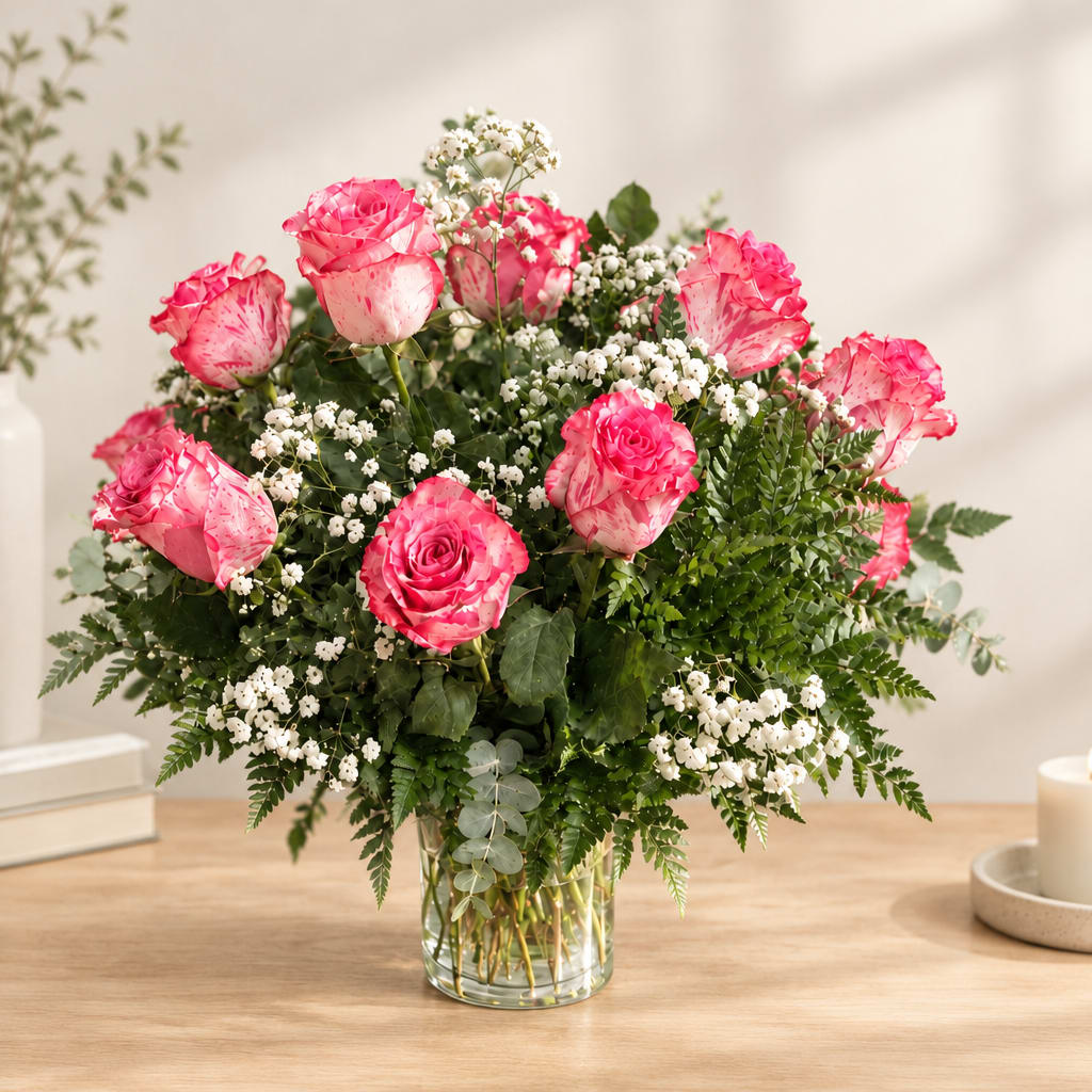 Pink roses arranged in a clear glass vase with white filler flowers