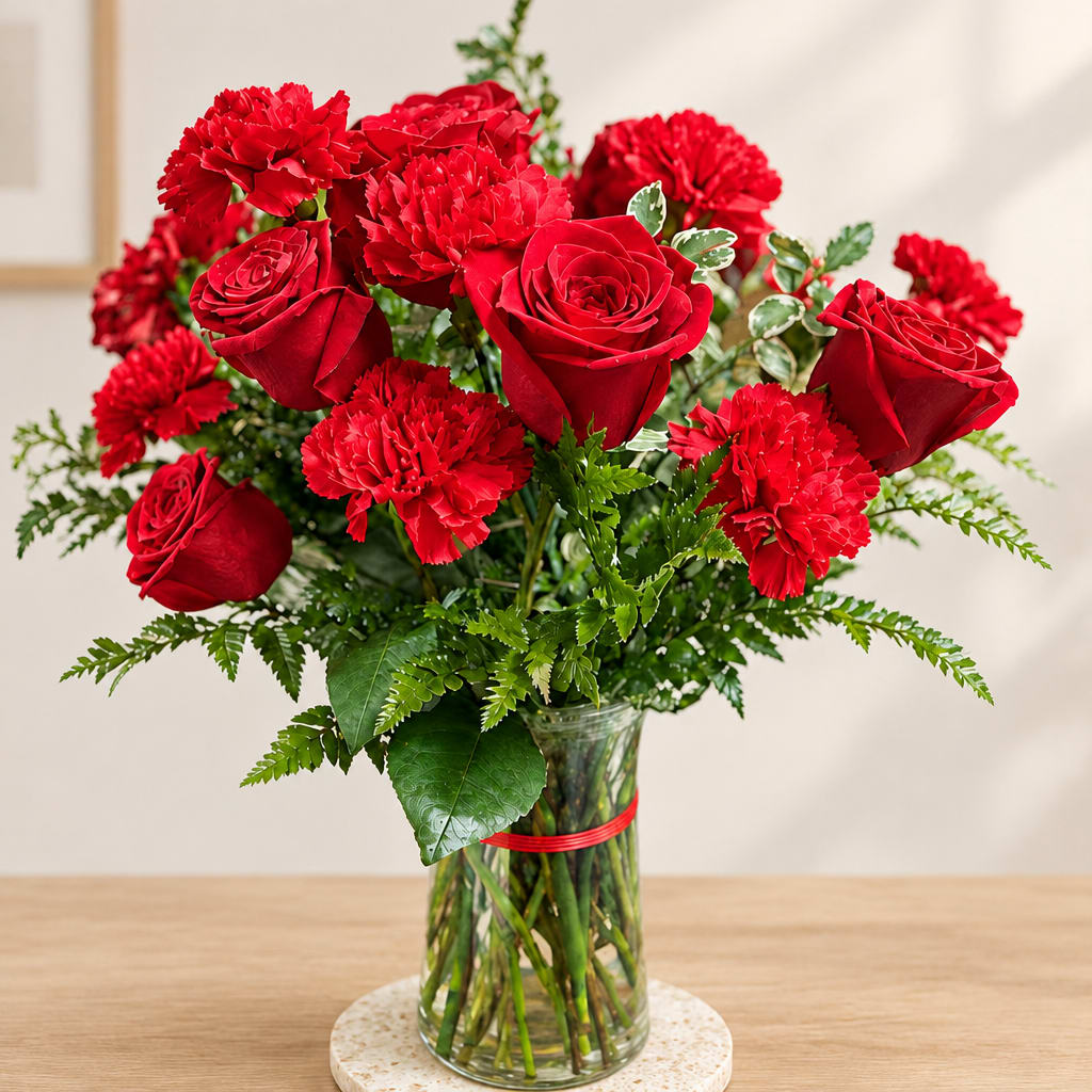 Red roses and carnations in a clear glass vase