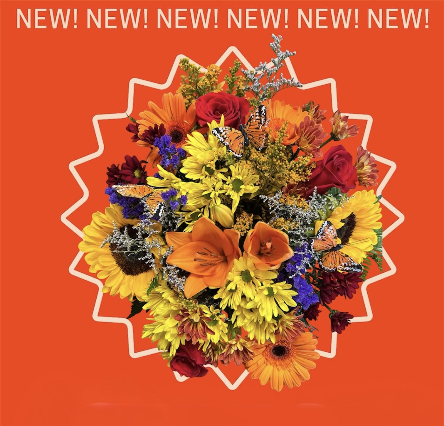 Autumn radiance  - Bursting with the warmth of the season, this bouquet features bold sunflowers, glowing orange blooms, and touches of scarlet roses—capturing the cozy brilliance of autumn days.