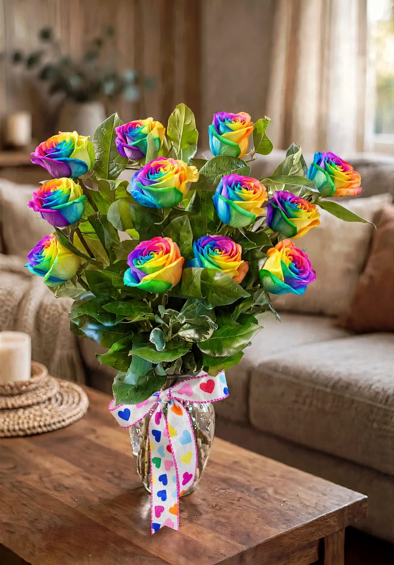 Rainbow-colored roses in a glass vase with a heart-patterned ribbon