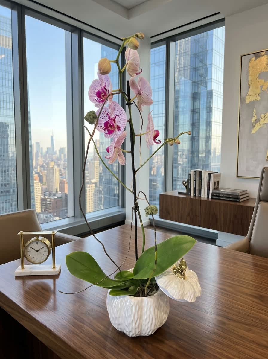 Pink orchid plant in a white ceramic pot on a wooden table