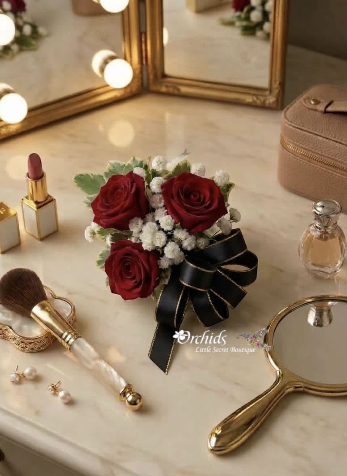 Small bouquet of red roses with white filler flowers and a black ribbon bow