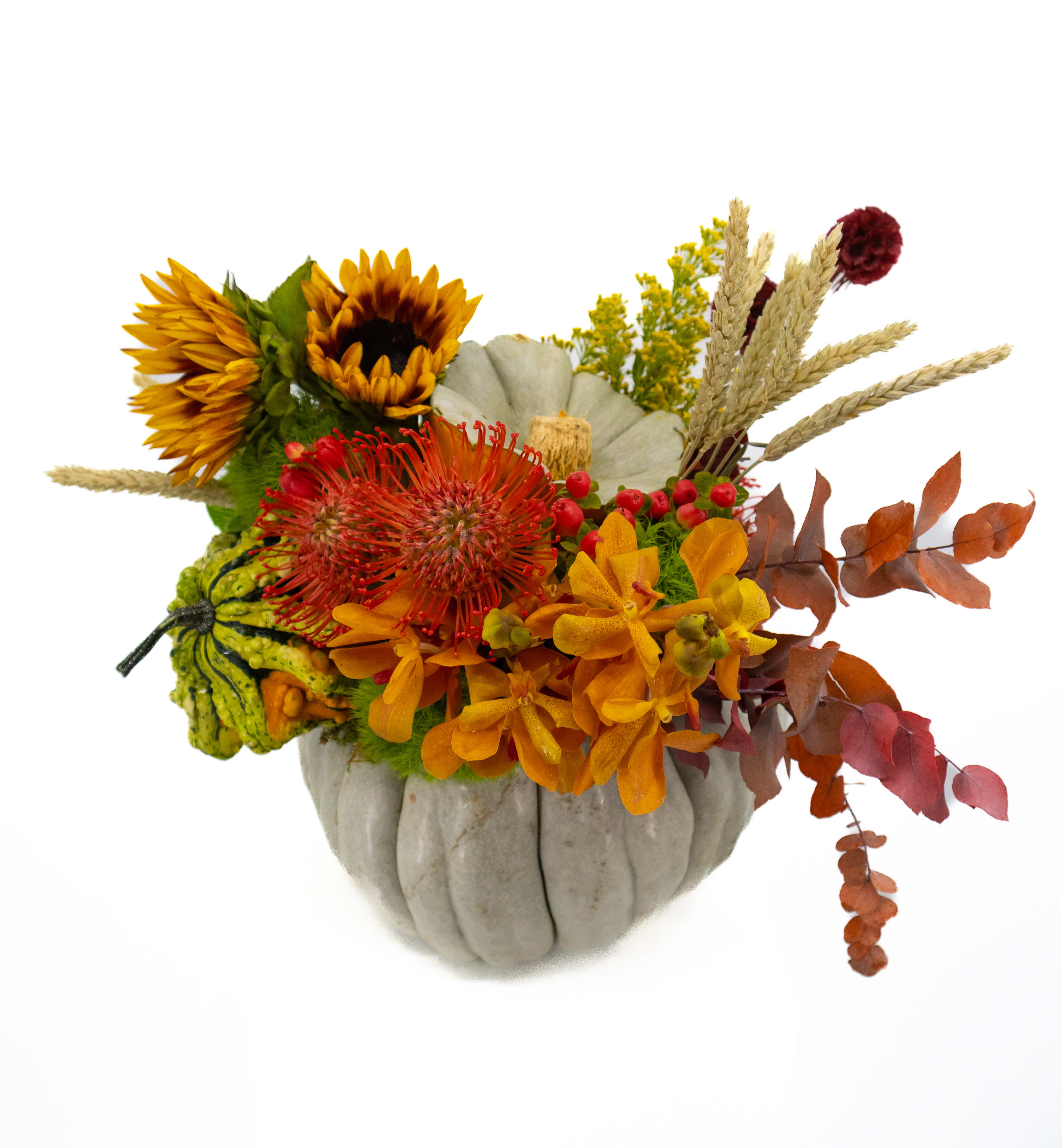 Asher - A fun whimsical Autumn arrangement built upon a fresh pumpkin. This unique piece will consent of multiple autumn flowers and pieces of fall foliage all to tie in that warm Autumn feel we are wanting this season. 