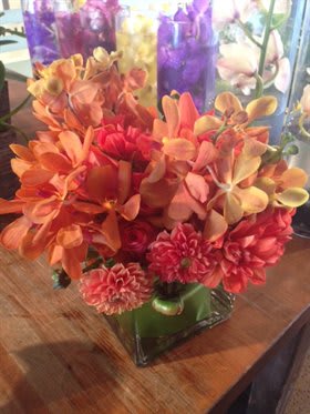 Orange and pink floral arrangement in a square glass vase