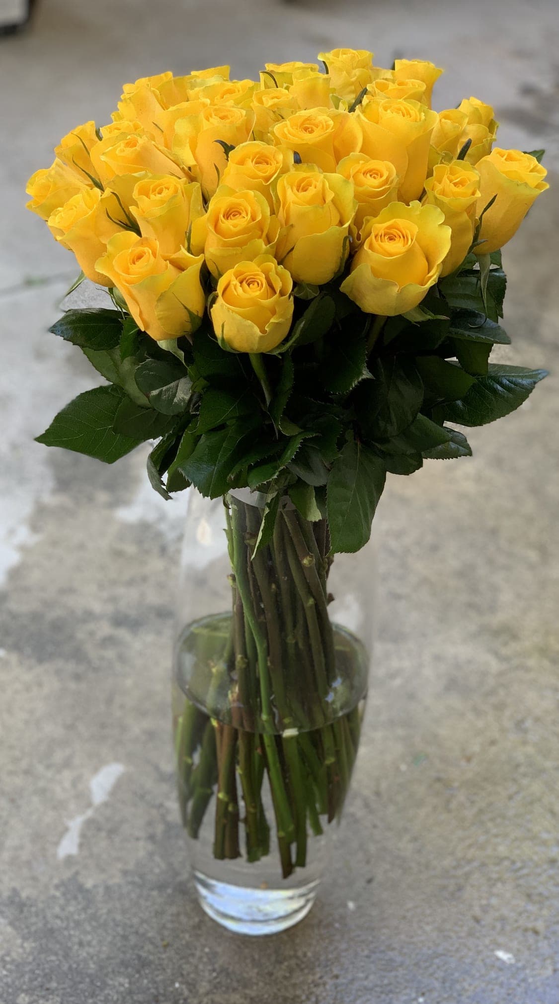 Bouquet of yellow roses in a clear glass vase