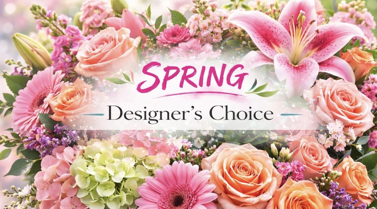 Spring floral arrangement with pink and peach flowers and a lily