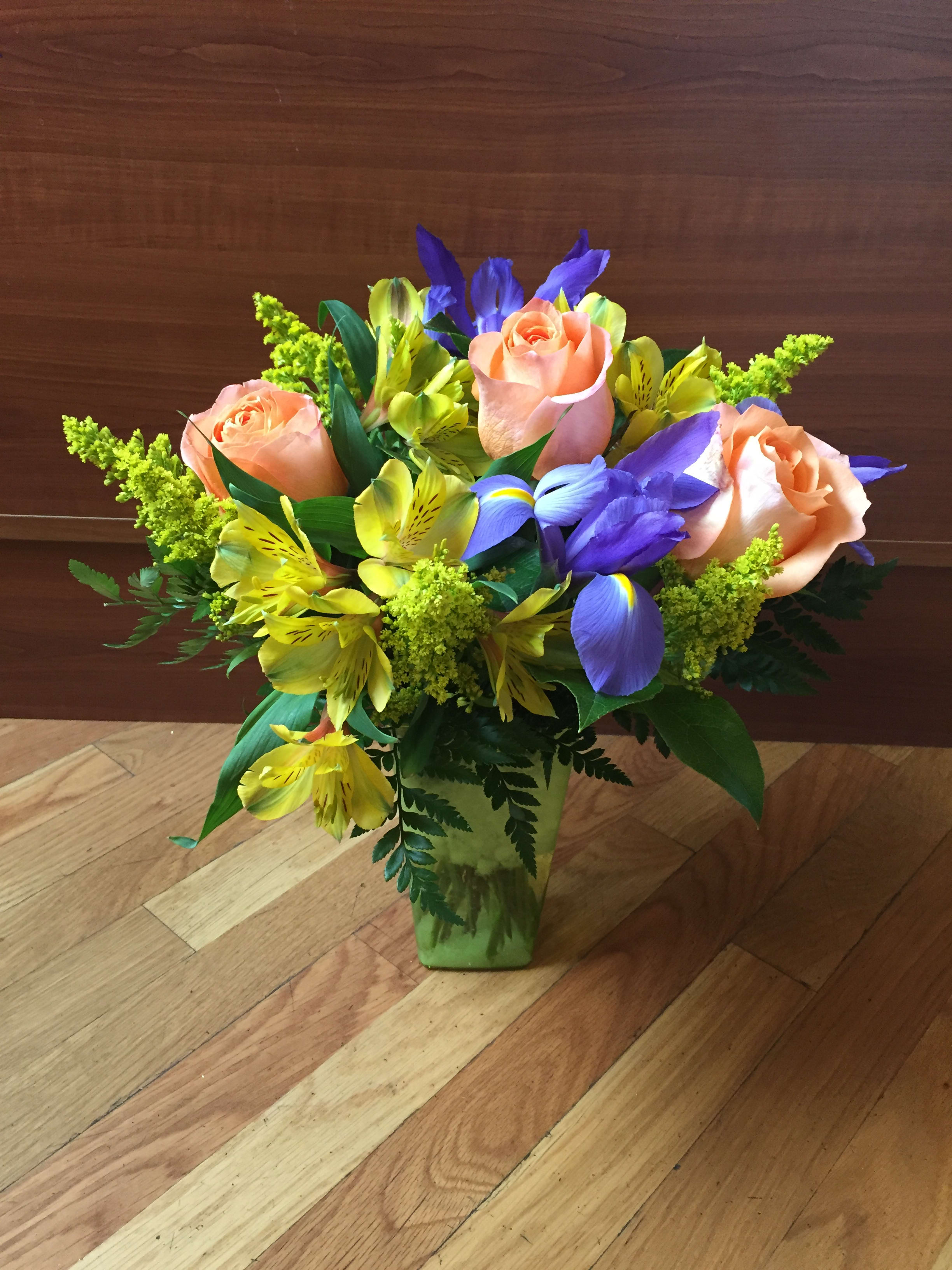 Splendid Summer Bouquet  - Beautiful peach roses, yellow alstroemeria, and purple irises. 