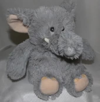 Gray plush elephant toy with pink inner ears and feet