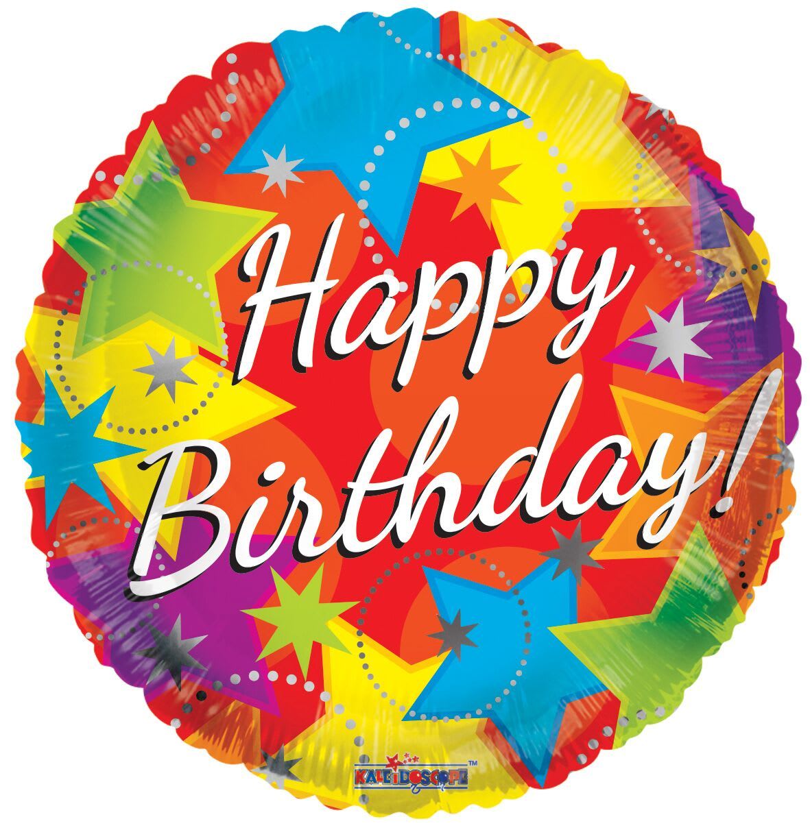 Round birthday balloon with colorful stars and "Happy Birthday" text