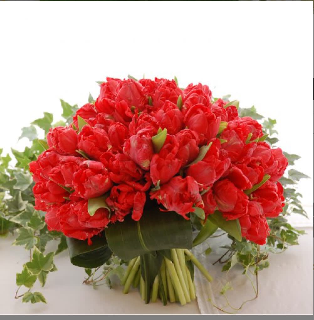 Bouquet of red tulips with ivy accents