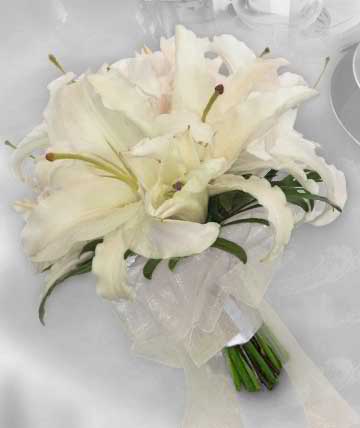 White lily bouquet with sheer ribbon wrap