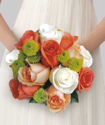 Bridal bouquet of orange, white, and green flowers