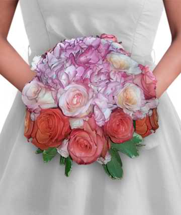 Handheld bouquet of pink, lavender, and coral roses