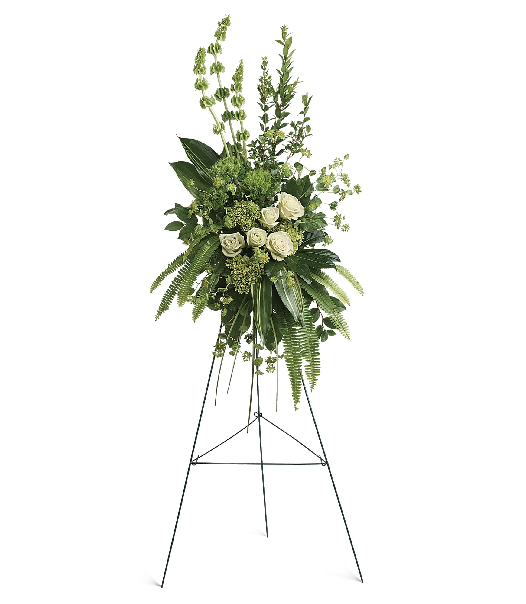 Tall white rose and greenery standing spray on an easel