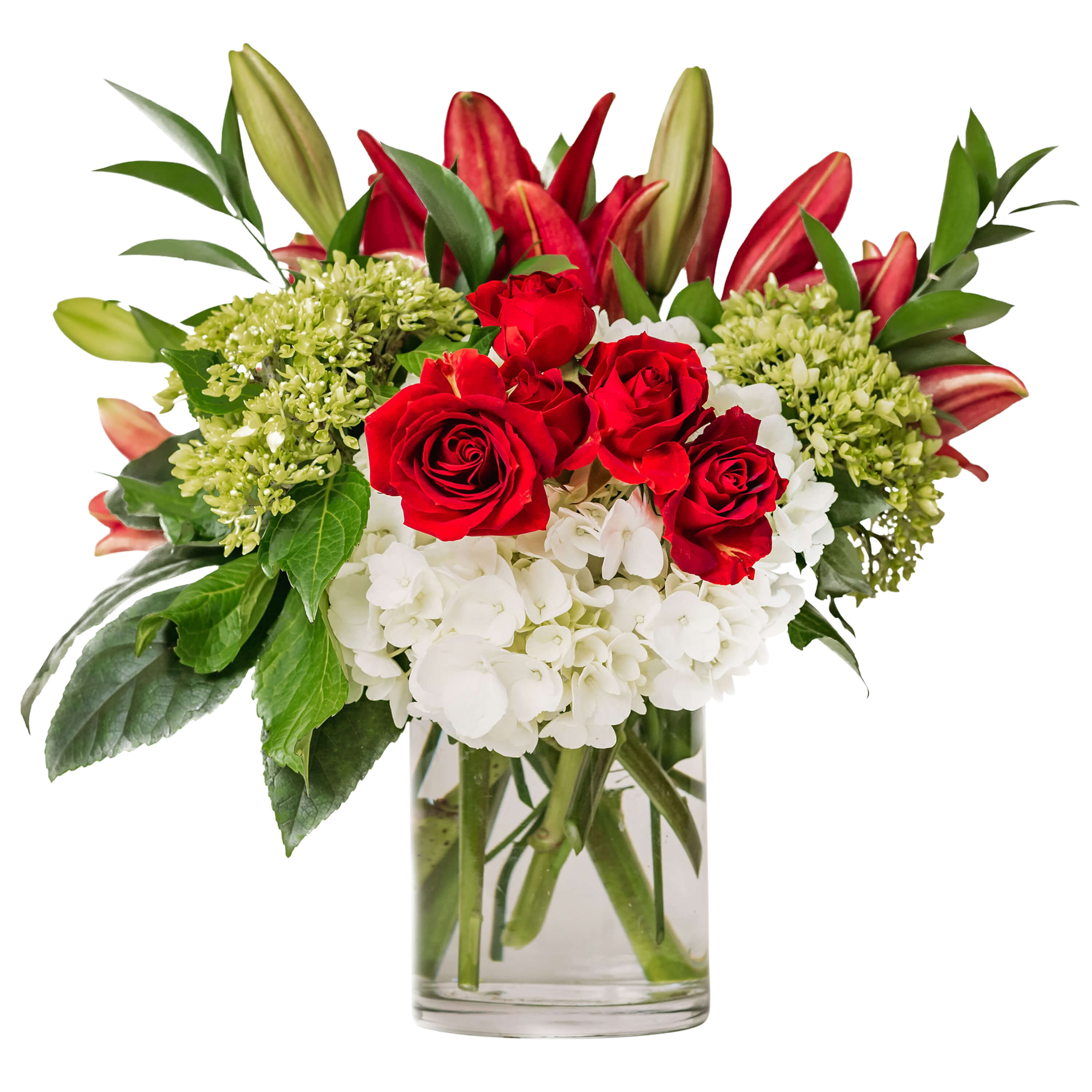 Red roses and white hydrangeas in a clear glass vase