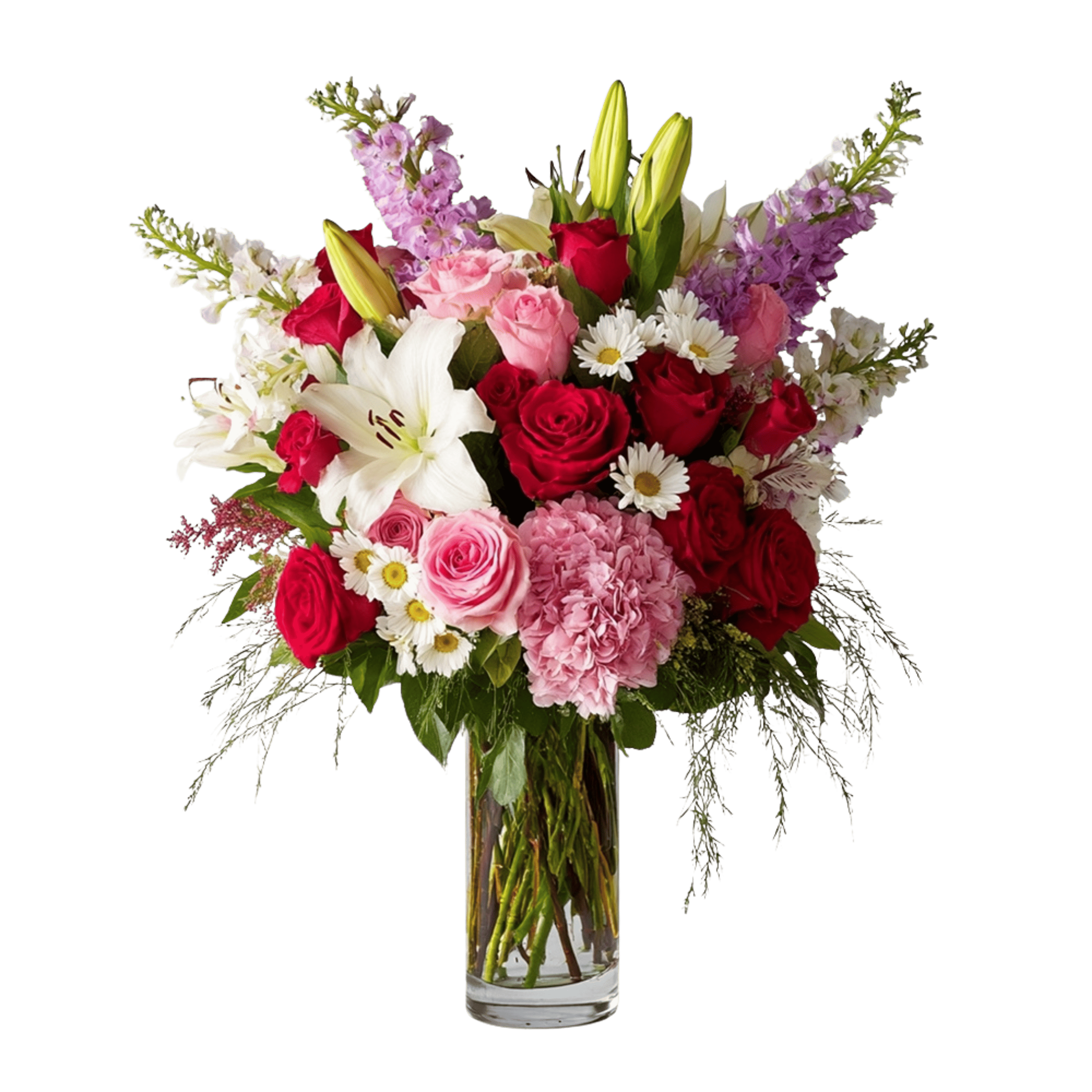 Mixed bouquet of red and pink roses with lilies in a clear glass vase