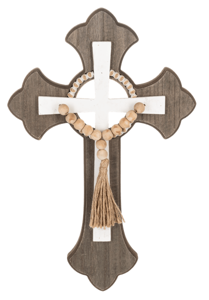 Wooden cross wall decor with a bead rosary and tassel
