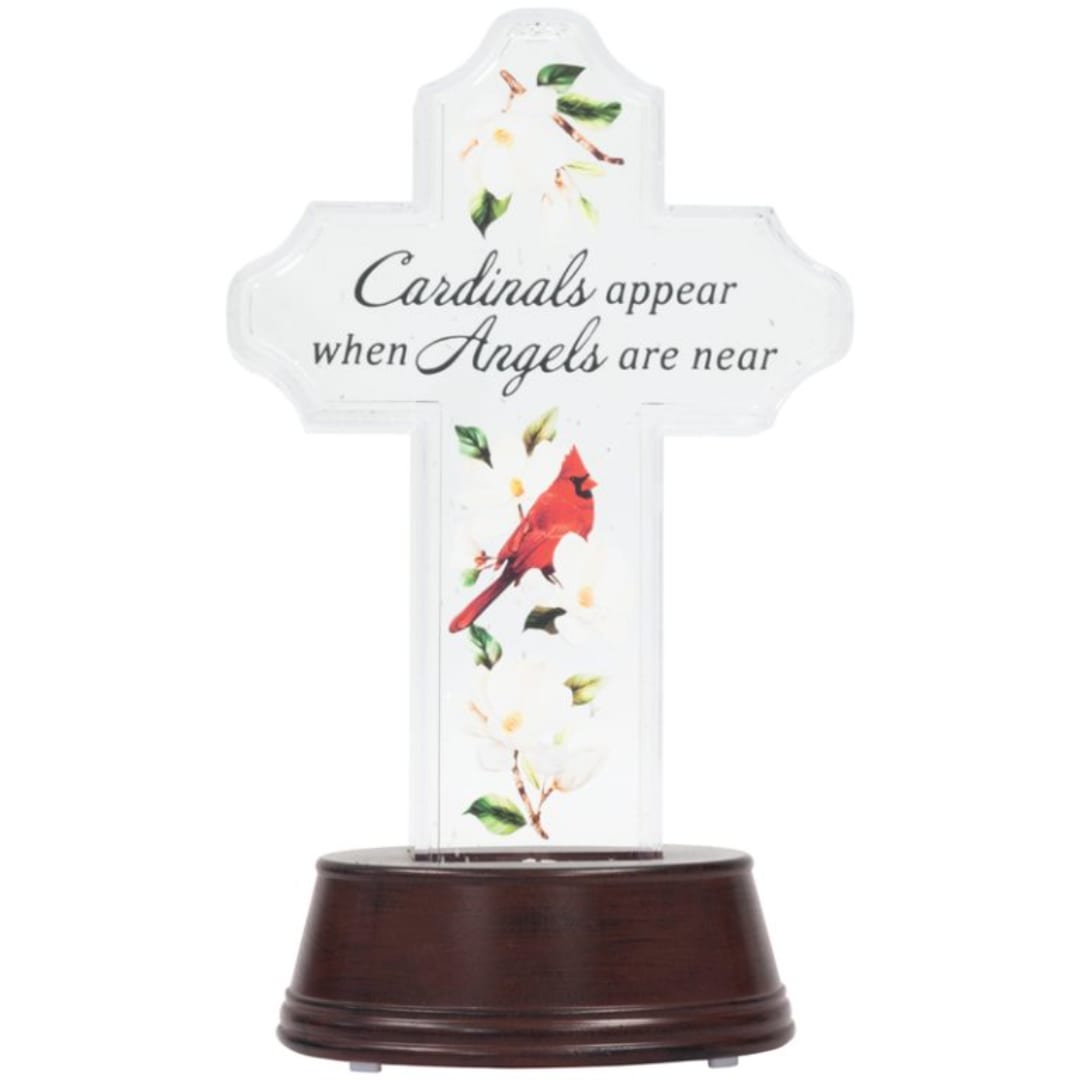 Cross-shaped memorial plaque with a cardinal and the words "Cardinals appear when Angels are near"