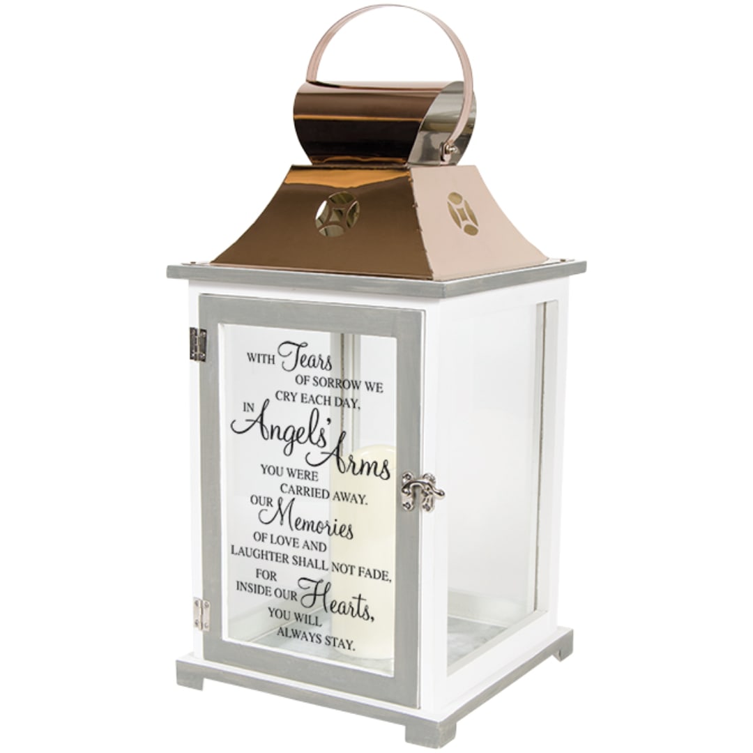 White memorial lantern with a printed sympathy message and metal top