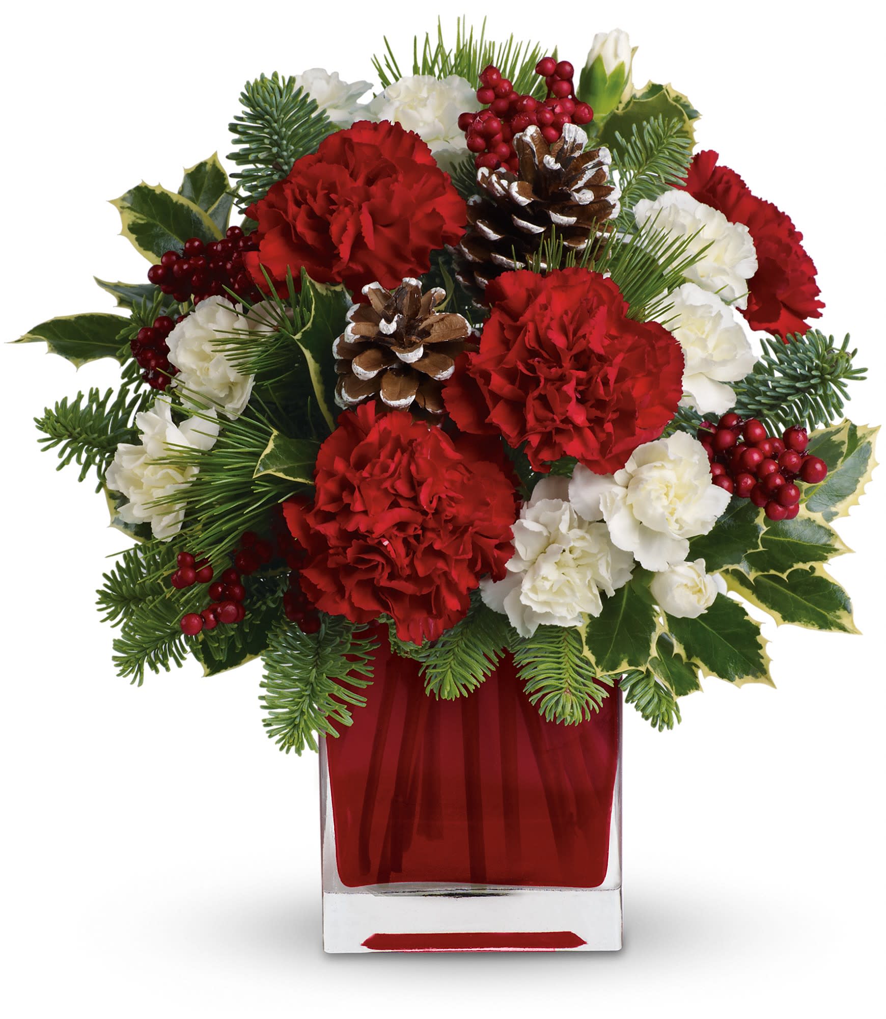 Make Merry by Teleflora - Red carnations and white miniature carnations are accented with tips of noble fir, white pine, holly and assorted greens. Delivered in Teleflora's bright red glass cube. Approximately 11 1/2" W x 12 1/2" H.  TWR04-1A