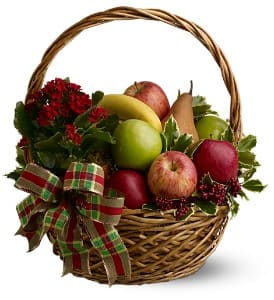 Holiday Fruit Basket - Wish happy holidays to the most deserving people in your life with this generous holiday fruit basket! With an array of the freshest fruit - plus a festive, blooming plant - it will be a welcome surprise for all those who've made your year prosperous and bright.  An assortment of fresh fruit such as apples, pears and bananas – plus a potted blooming kalanchoe plant – is delivered in a woven basket that’s adorned with a fancy ribbon.  Approximately 16" (W) x 14" (H)   Please note: All of our bouquets and gift baskets are hand-arranged and delivered locally by professional florists. This item may require additional lead time so same-day delivery is not available.  Orientation: All-Around  As Shown : TFWEB277