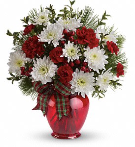 Teleflora's Joyful Gesture Bouquet - Spread the joy of the season with this merry bouquet of red and white blooms, winter greens and red berries in a ginger jar vase. What a fun gift to give and receive!  This joyful bouquet includes red carnations, miniature red carnations, white cushion chrysanthemums, oregonia, white pine and red berries, decorated with a charming plaid ribbon. Delivered in a charming red Ginger jar.  Approximately 13 1/4" W x 15" H  Orientation: One-Sided  As Shown : TWR10-2A Deluxe : TWR10-2B Premium : TWR10-2C
