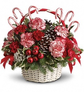 Candy Cane Christmas - A-tisket, a-tasket, a candy cane Christmas basket. What fun it will be when this cheery basketful of holiday joy gets delivered!  Peppermint and red carnations, pinecones, berries, holly and ribbon are delightfully placed in a white wicker basket. Real candy canes make this an extra sweet gift.  Approximately 14 1/4" W x 13 1/4" H  Orientation: All-Around  As Shown : T118-3A Deluxe : T118-3B Premium : T118-3C